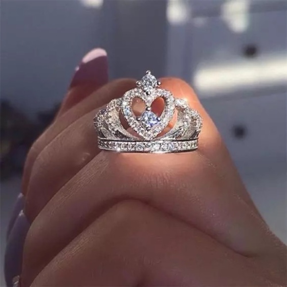 New 925 Silver Sweat Love Heart Princess Crown Diamond Ring - Picture 4 of 5
